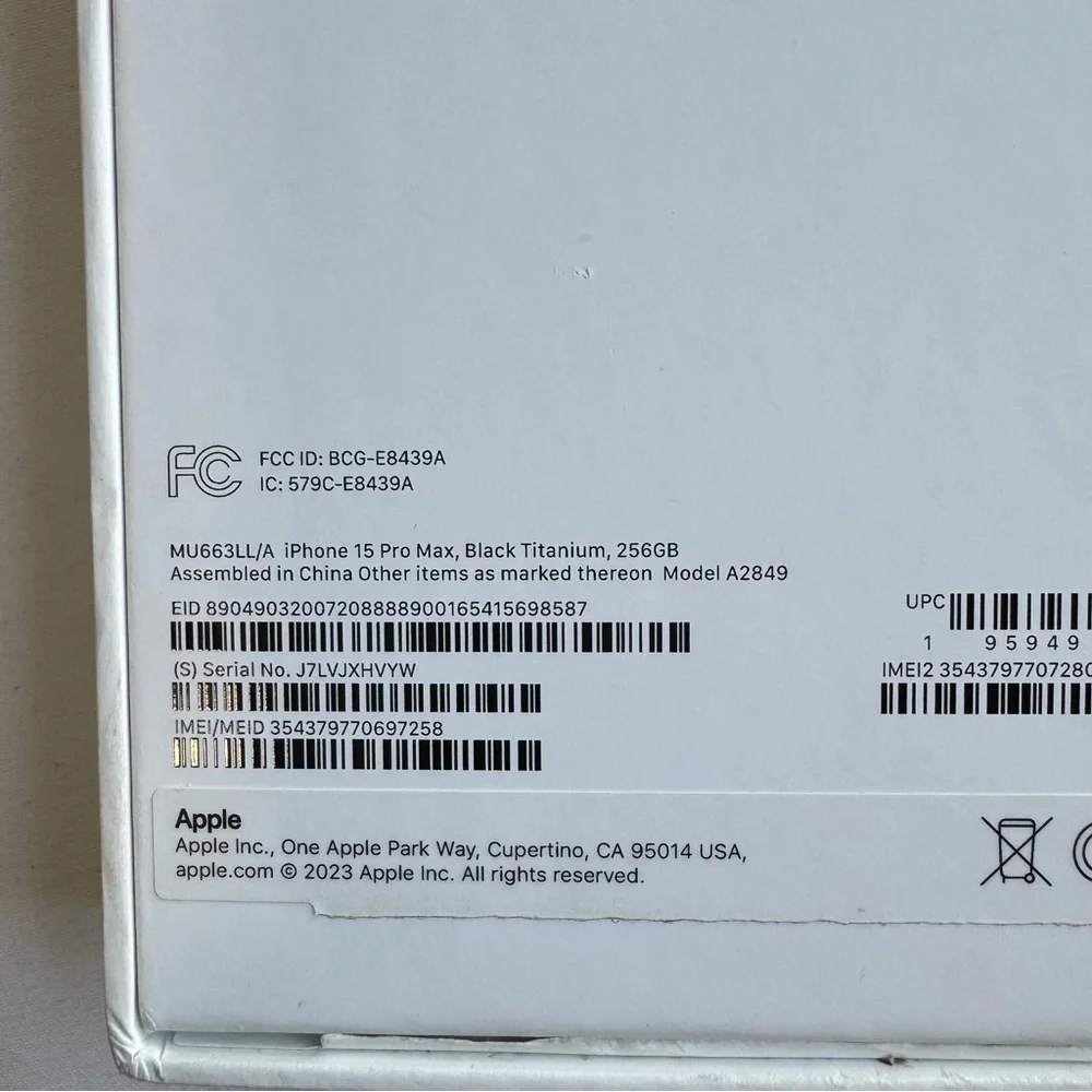 Apple A2849‎ iPhone 15 Pro MAX Black Titanium 256GB, Empty Box ONLY